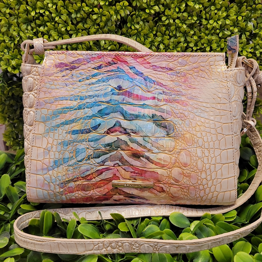 Brahmin Cream Multicolor Embossed Leather Crossbody